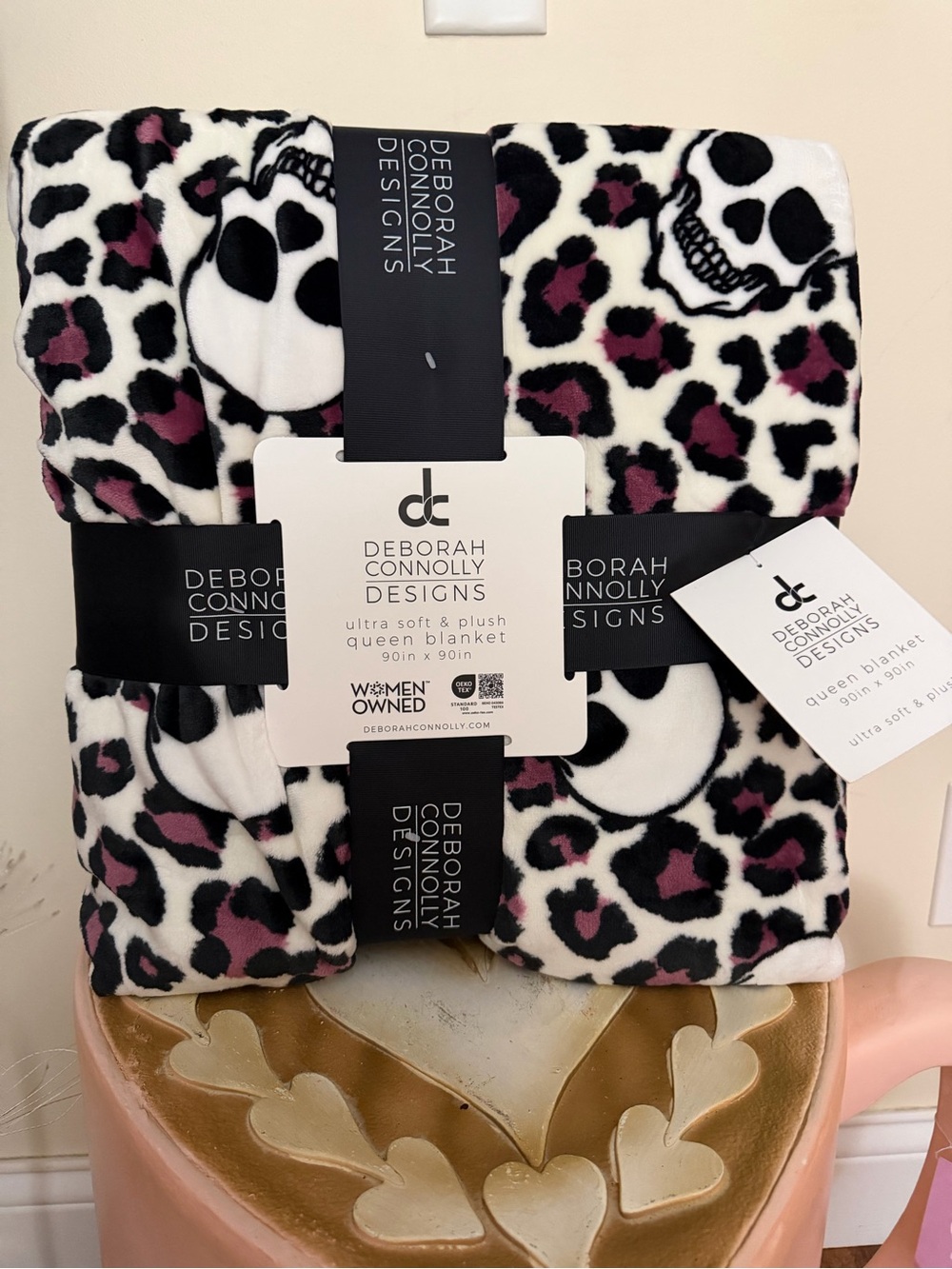 Deborah Connolly Halloween Queen Sized Purple Cheetah Print & Skulls Blanket